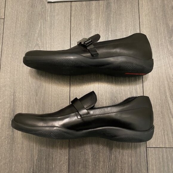 Prada Black Leather Silver Buckle Rubber Sole Slip On Loafers Size 11 NWT - Picture 6 of 13